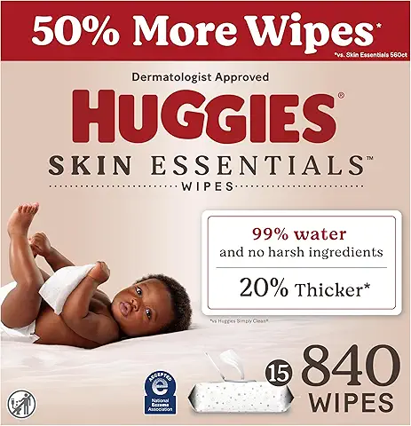 Huggies Skin Essentials Baby Wipes, Hypoallergenic, 99% Water, 15 Flip Top Packs (840 Wipes Total)