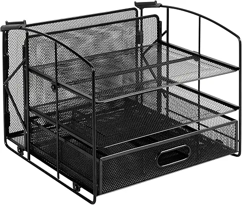 Basics Rectangular Desk Organizer 3 Tray w/Sliding Drawer and Hanging File Holder, Black